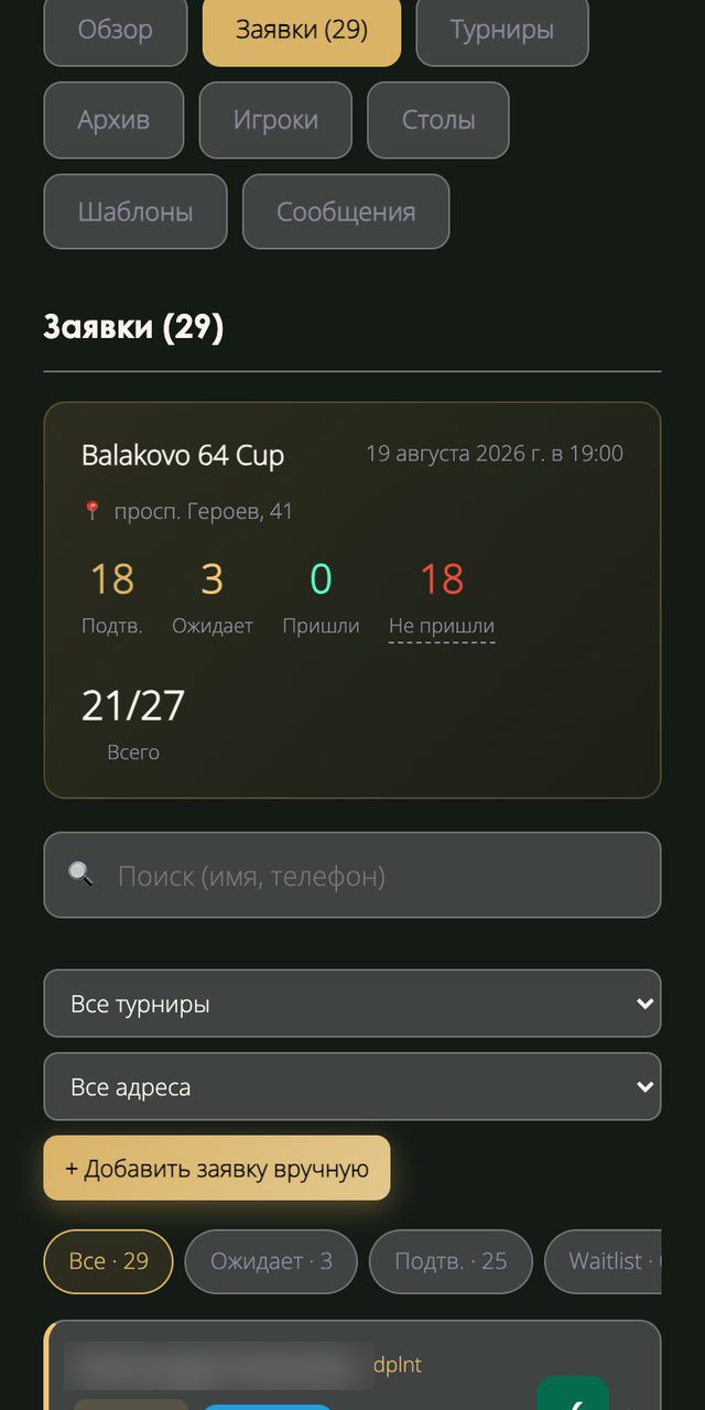 Переключение на вкладку «Заявки» — сводка по турниру
